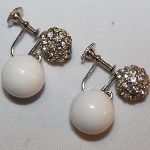VTG White Lucite Pave Rhinestone Earrings E4
